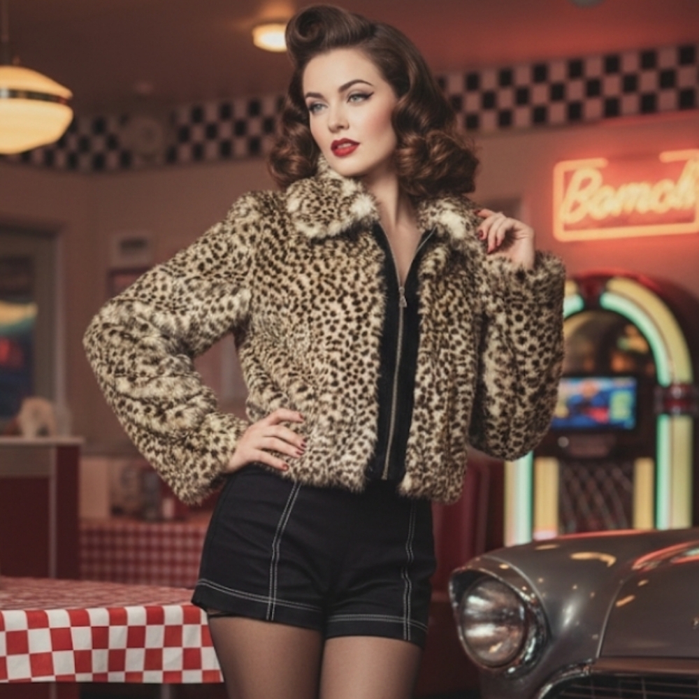 Hi Gorgeous Faux Leopard Faux Fur Plush Y2K Animal Print Cropped Coat Jacket MD